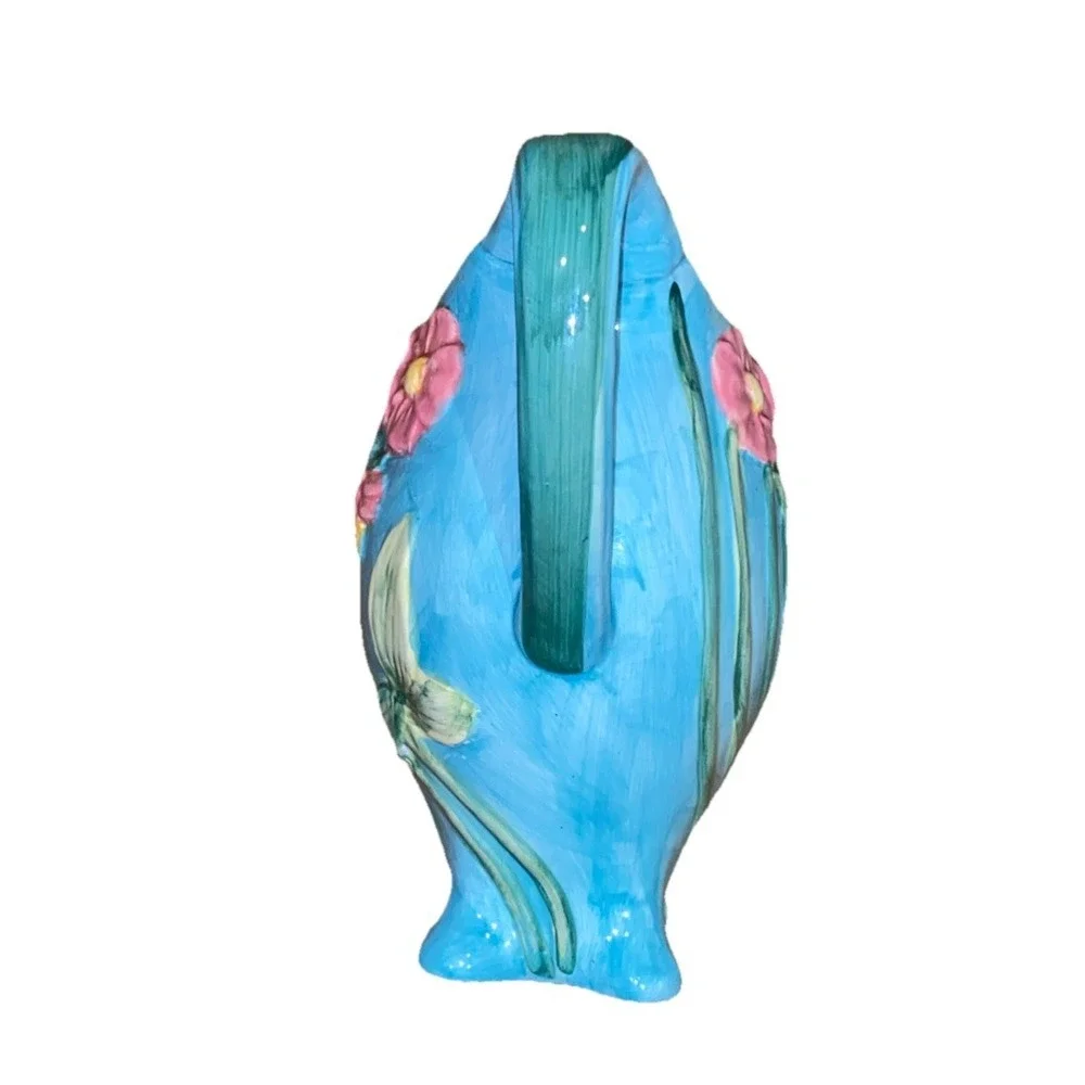Pottery Pitcher Ewer Vase‎ Pastel Blue Pink Majolica Floral Flowers 9.5